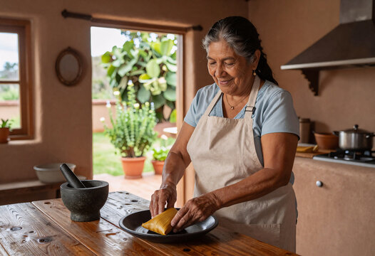 Latina Grandmother Preparing Tamales in Traditional Adobe Home