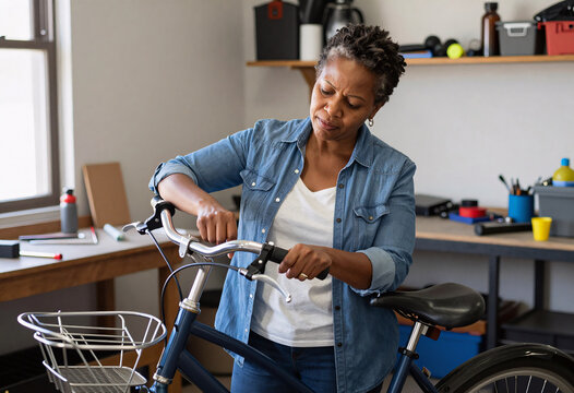 African American Woman Fixing Bicycle in Neighborhood Workshop
