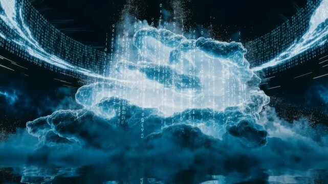 Futuristic digital vortex cloud explodes with glowing binary code and ethereal mist over reflective water surface