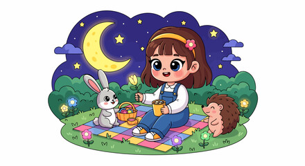 Naklejka premium Cute cartoon girl having a picnic with rabbit and hedgehog under the night sky.