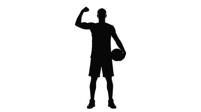 Vector graphic illustration Black silhouette of a strong man flexing with a basketball