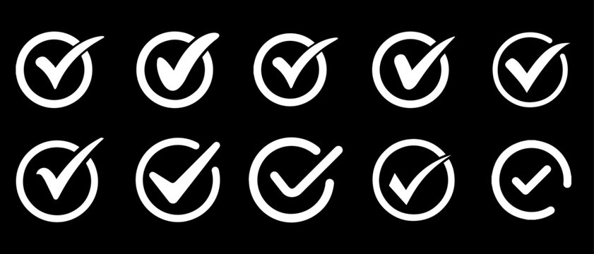 Mega circle check mark icon set on dark background, white line vector illustration of round checked box bundle for application user verification badge, payment success, and checklist UI pack