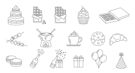 Fototapeta premium Dessert Icons: Cake, Chocolate, Cupcake, Fondue, Croissant, Champagne & Gifts - Line Art