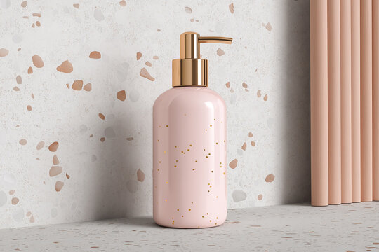 Pastel blush cosmetic pump bottle mockup on terrazzo counter
