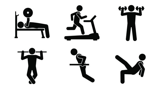 Vector graphic illustration Black silhouette fitness icons set with people exercising