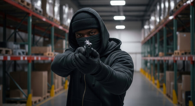 African American man wearing outlaw mask bandana and hooded gear aiming handgun in dark warehouse aisle, crime and danger in industrial security