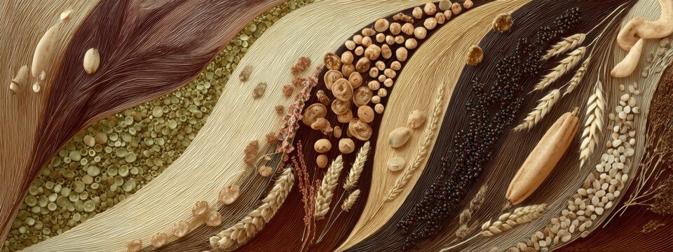 Panoramic eco background composed of diverse seed pods, grains and natural botanical structures arranged into flowing organic patterns, earthy luxury