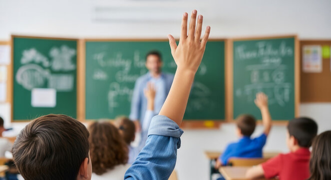 Young knowledge pupil raising hand in school classroom wearing denim shirt, education and active learning