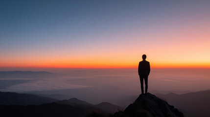 Fototapeta premium A person standing on top of a mountain at sunset