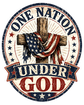 Bold Patriotic Christian T Shirt Design with Cross American Flag and One Nation Under God Text