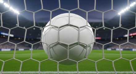 Naklejka premium White soccer net goal with football hitting inside mesh on stadium field, sports competition and championship tournament success