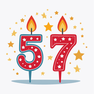 Birthday Candles Number 57 with Stars and Flames