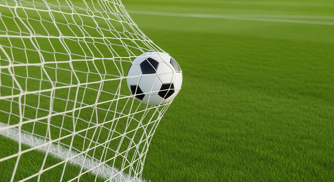 Soccer ball hits white soccer net goal, scoring on a green pitch for championship victory and athletic achievement