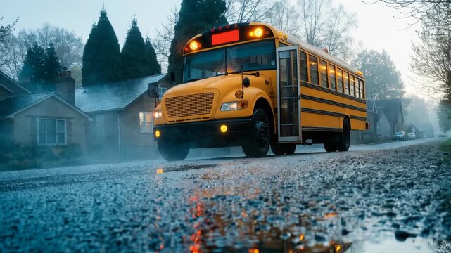 Yellow School Bus on Wet Suburban Street with Morning Mist and Swirling Fog
