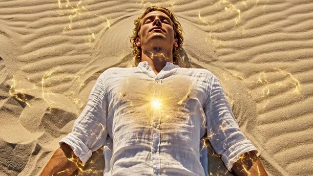 A serene person lies on sandy dunes with a glowing yellow geometric pattern emanating from their head
