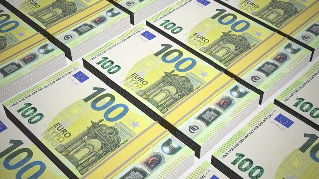 Stacks of 100 EUR or One Hundred European Euro banknotes or currency. Neat Rows of European 100 Euro Bank note in 3D Motion. 4k Animation.