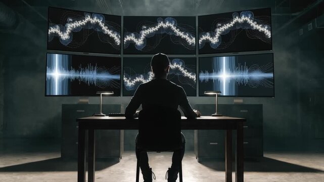 Silhouette of a person in front of multiple glowing computer monitors displaying complex data and graphs in a dark room.