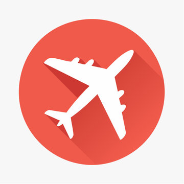 White airplane icon on a red circle with shadow