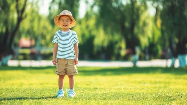 Smiling child in stylish summer casual outfit standing on vibrant green lawn, bright sunny day, cheerful seasonal fashion concept, ultra realistic