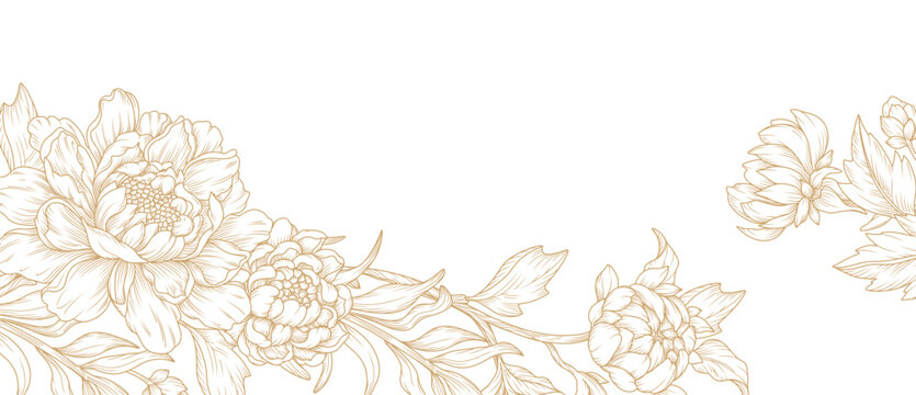 Luxury floral line art background with golden hand drawn chrysanthemums. Vector design with a bouquet of flowers, branches, leaves for card, business card, flyer, banner, wedding invitation, cover