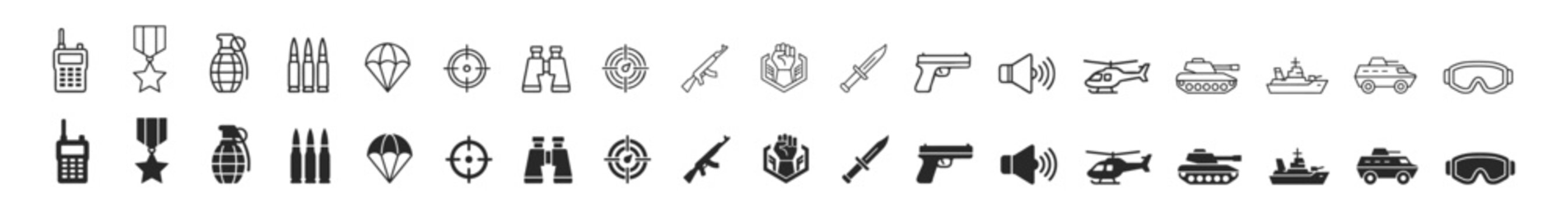 Military and tactical line icons set including walkie talkie, medal, grenade, bullets, parachute, crosshair, binoculars, rifle, fist emblem, knife, pistol, speaker, helicopter, tank