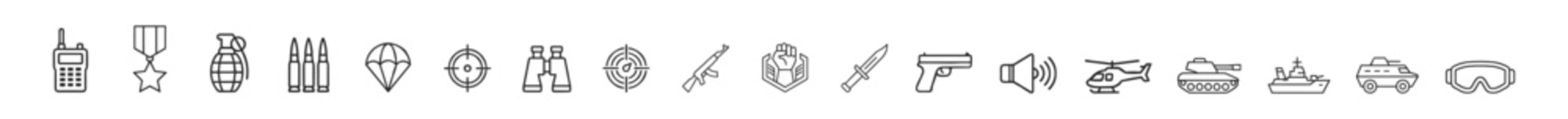 Set of military and combat icons including radio, medal, grenade, bullets, parachute, target, binoculars, rifle, fist, knife, pistol, sound, helicopter, tank, ship