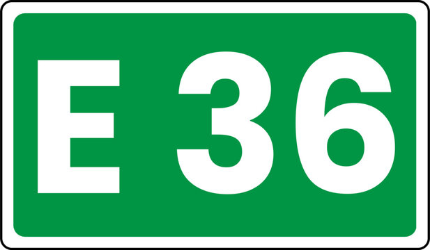 European route marker sign showing E36, Green european route E36 Sign