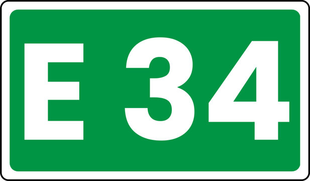 European route marker sign showing E34, Green european route E34 Sign