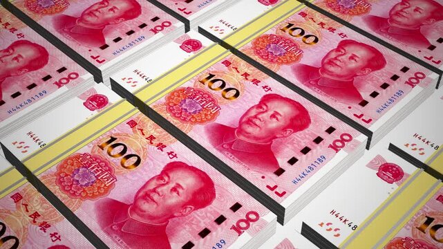 Stacks of 100 RMB or One Hundred Chinese Yuan banknotes or currency. Neat Rows of China 100 Renminbi Bank note in 3D Motion. 4k Animation.