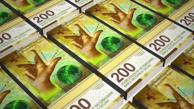 Stacks of 200 CHF or Two Hundred Swiss Franc banknotes or currency. Neat Rows of Switzerland 200 Francs Bank note in 3D Motion. 4k Animation.