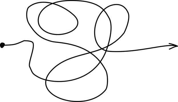 Concept of finding a way out and strategic path development. Vector abstract doodle illustration of a tangled, messy black line with loops that ends with a straight arrow pointing right. Metaphor for 