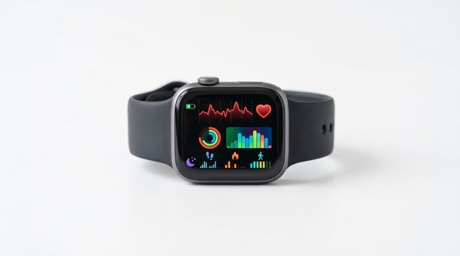 Modern smartwatch displaying health and fitness data including heart rate, activity rings, and step count on a clean white background