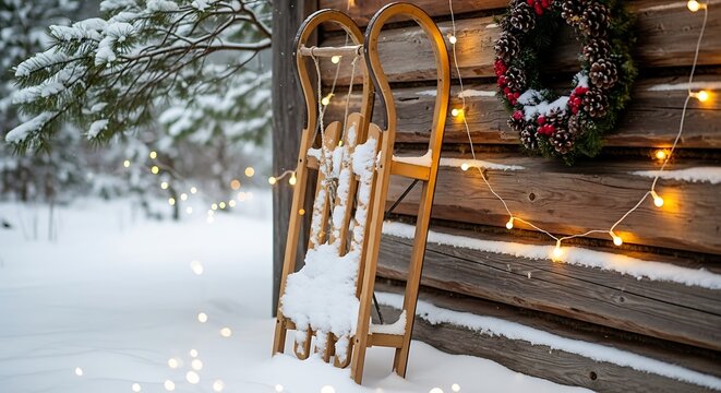 Rustic wooden sled against log cabin wall with christmas wreath and lights in snow christmas decoration traditional background vacation tranquil branches