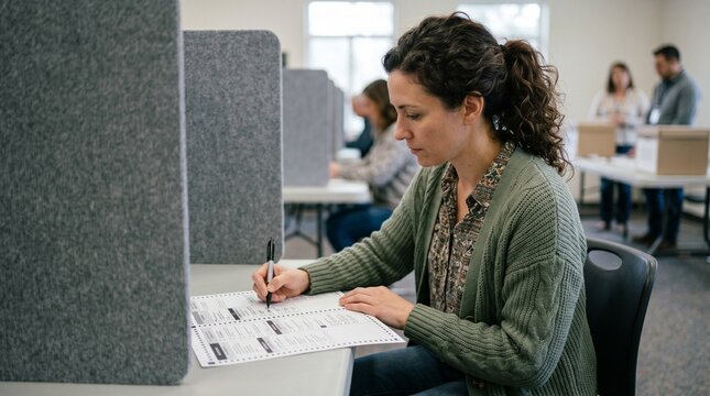 Woman casting vote in a polling booth during election day filling out ballot paper with pen in a voting station