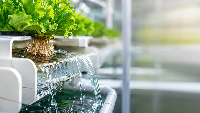 Close Up Hydroponic Water Circulation System in Modern Agriculture with Fresh Green Lettuce and Nutrient Flow