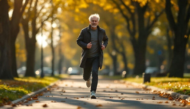 A man jogging in a city park with autumn leaves, soft sunlight