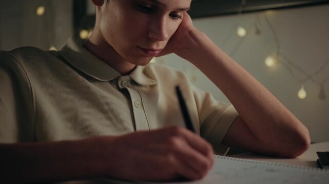 A thoughtful young student sits at a desk late at night, concentrating on his studies and writing notes in a notebook with a pen.