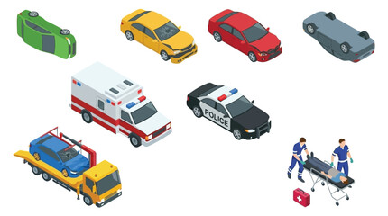 Isometric Vehicles And Emergency Services On A White Background © Anjumanara Rakhi