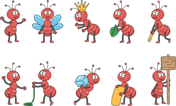 Cute cartoon ant characters collection, funny insect mascot vector set illustration
