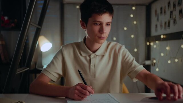 A diligent teenage boy studies at his desk in a cozy room at night, writing in a notebook and referencing a textbook.