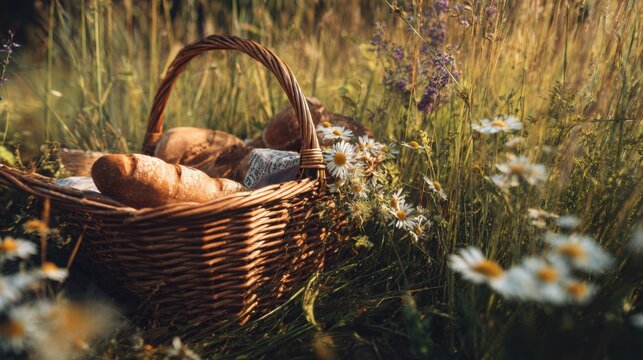 wicker picnic basket with fresh bread and wildflowers in tall grass, slow travel lifestyle, warm natural light, countryside atmosphere, cinematic