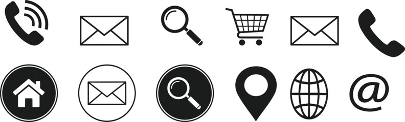 communication icons set, contact symbols collection, phone email search location shopping cart web elements, line solid vector illustration bundle © Motiur