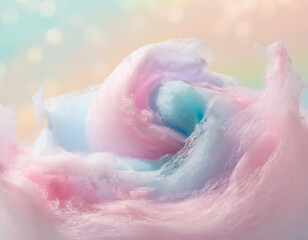 Fototapeta premium Close-up of pastel pink and blue cotton candy swirls, creating a soft, dreamy, and whimsical texture