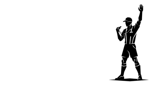 Dynamic geometric silhouette illustration of a referee making a crucial game call, signaling with an upraised arm and a whistle, emphasizing decisive action and sportsmanship in competition