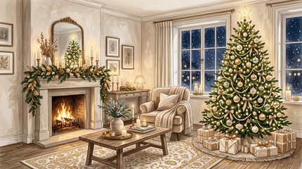 Fototapeta premium elegant Christmas living room with decorated tree, champagne gold ornaments, glowing candles, soft beige and ivory palette, warm holiday atmosphere, no people, premium editorial illustration, textured