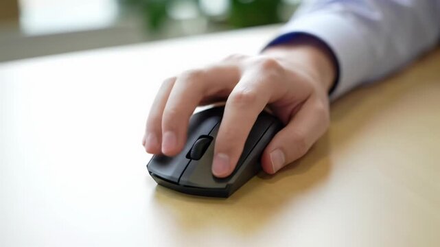 Gender-neutral hand in a light blue business shirt cuff precisely clicks and scrolls a dark grey minimalist mouse on a pristine white desk, with a blurred modern office background. Concept of digital