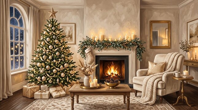 elegant Christmas living room with decorated tree, champagne gold ornaments, glowing candles, soft beige and ivory palette, warm holiday atmosphere, no people, premium editorial illustration, textured