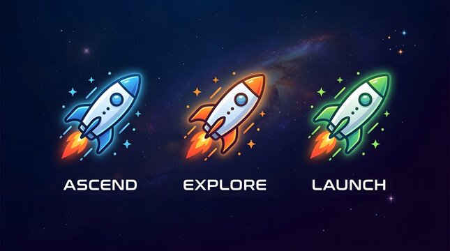 Three colorful cartoon rockets with trails against a starry galaxy background labeled ascend explore launch