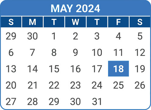 Calendar displaying the month of May in twenty twenty four as a planning tool for business schedule.