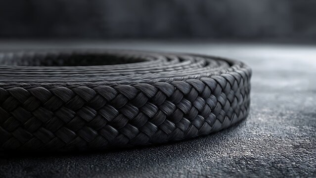 Close up of a coiled python snake on dark ground.